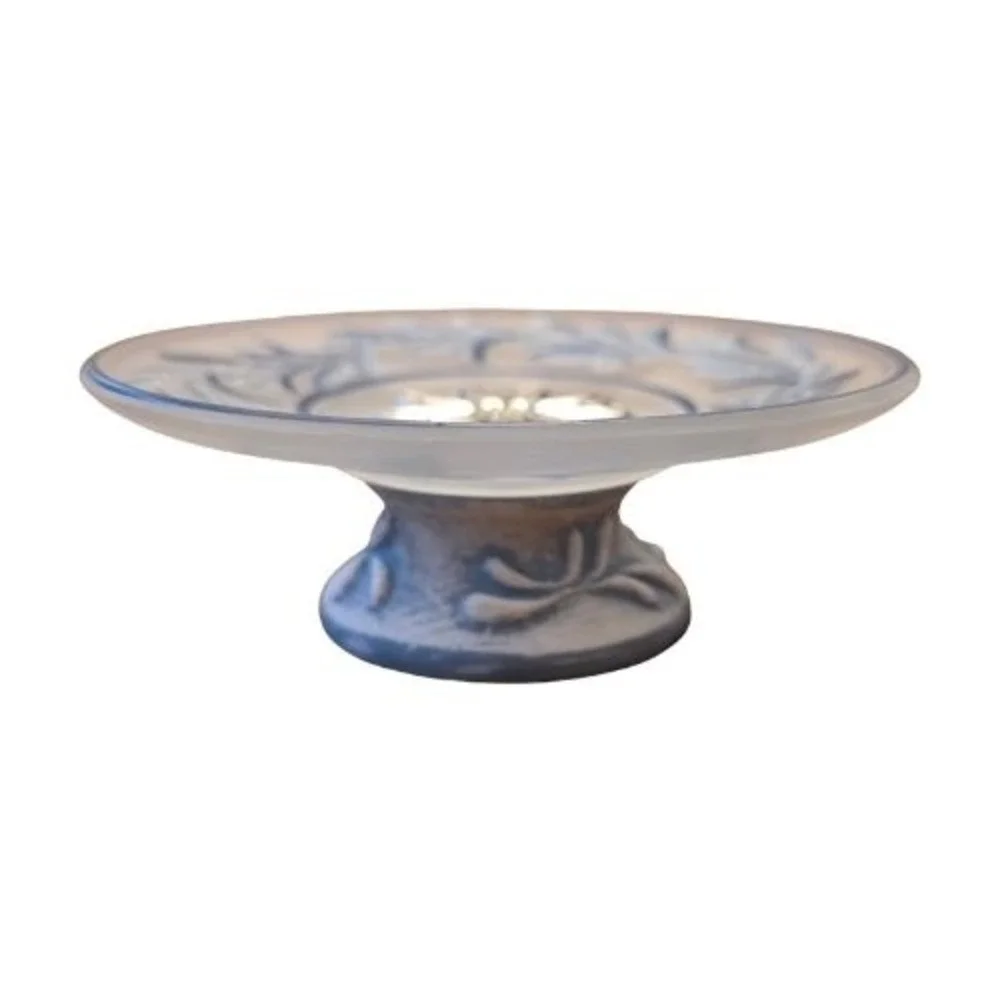 Blue Floral Pelino Sulmona Frosted Glass Jewelry Trinket Dish Pedestal Italy‎